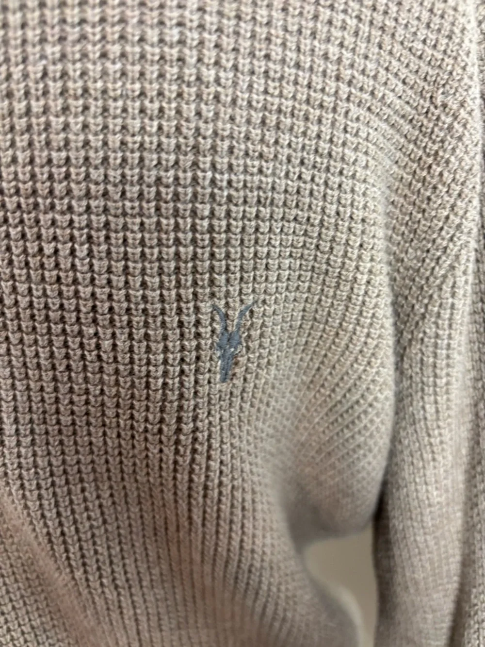 AllSaints Aspen Waffle Texture Crew Neck Ramskull Tan Sweater Size Small